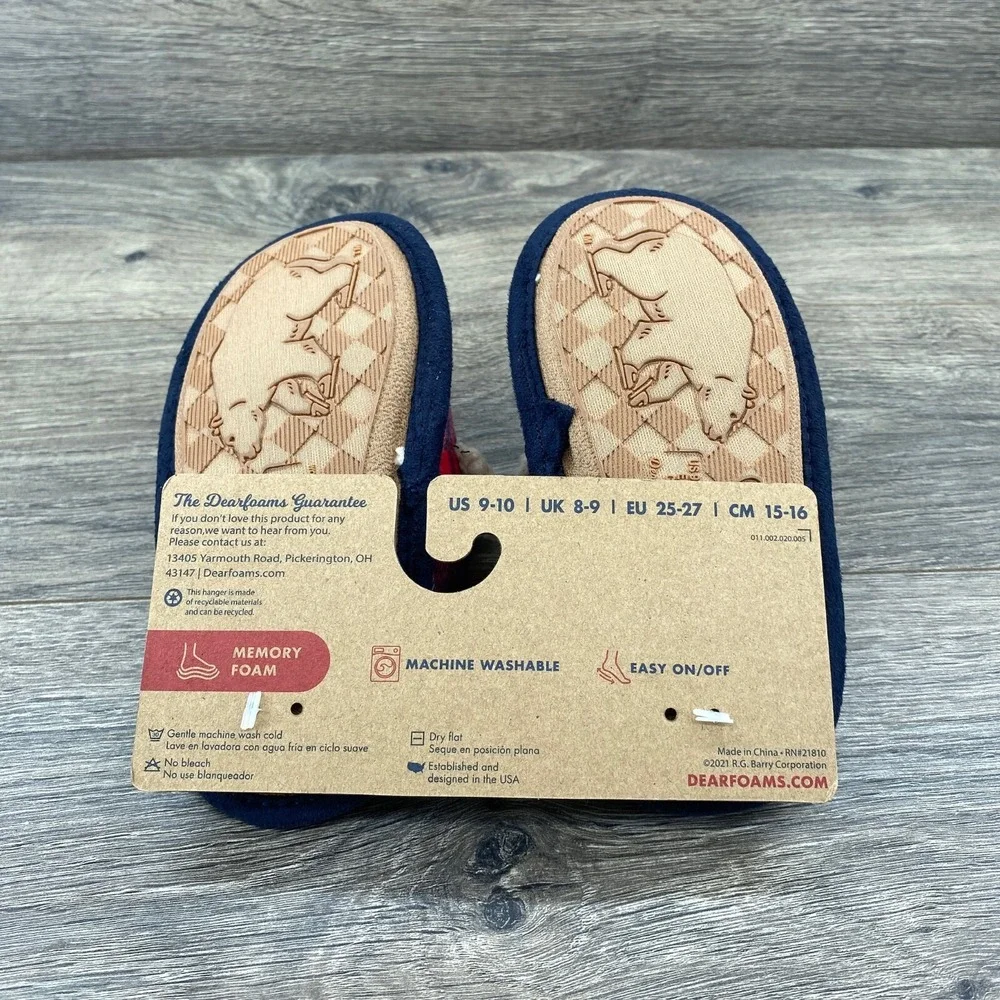 Lil‎ Bear Dearfoam Slippers Youth Size 9 - 10 Plaid Red Blue Cozy Comfort Sherpa